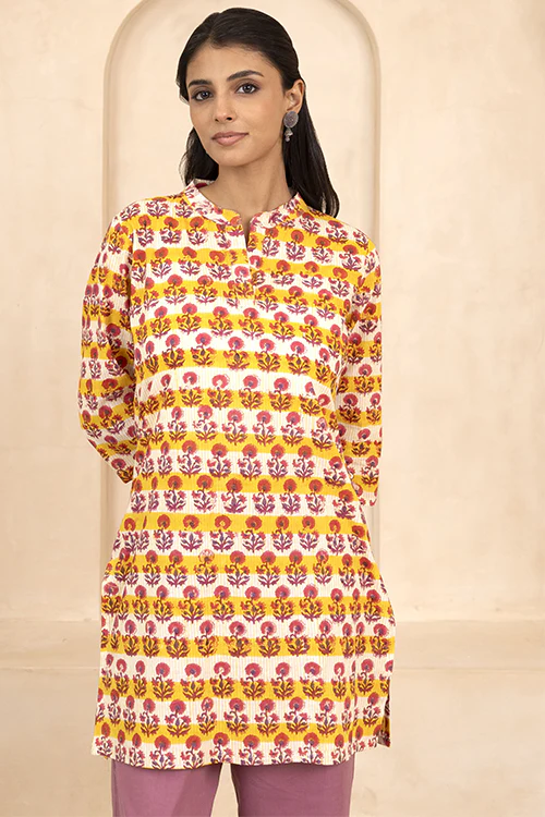 Shuddhi Teal Green Handblock Printed Short Kurti - Image 3