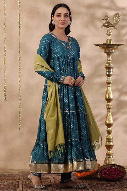 Shuddhi Teal Green Tier Kurta With Chuddidar And Duppatta