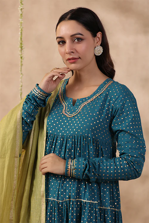 Shuddhi Teal Green Tier Kurta With Chuddidar And Duppatta - Image 10