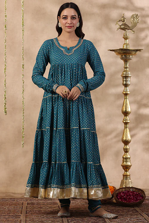 Shuddhi Teal Green Tier Kurta With Chuddidar And Duppatta - Image 14