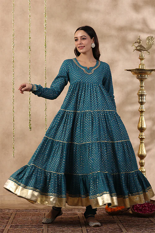 Shuddhi Teal Green Tier Kurta With Chuddidar And Duppatta - Image 3