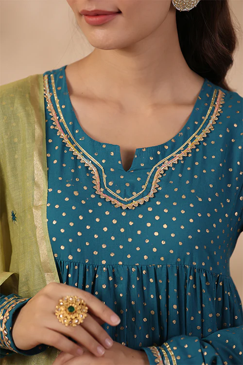 Shuddhi Teal Green Tier Kurta With Chuddidar And Duppatta - Image 4