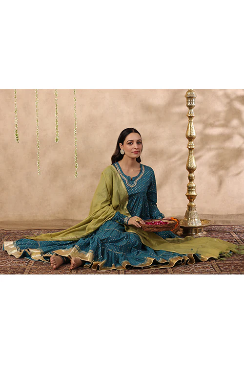 Shuddhi Teal Green Tier Kurta With Chuddidar And Duppatta - Image 7
