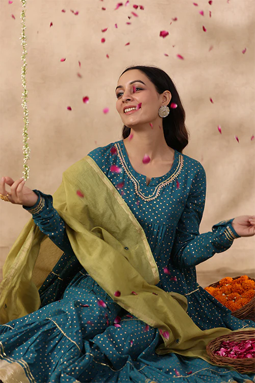 Shuddhi Teal Green Tier Kurta With Chuddidar And Duppatta - Image 9