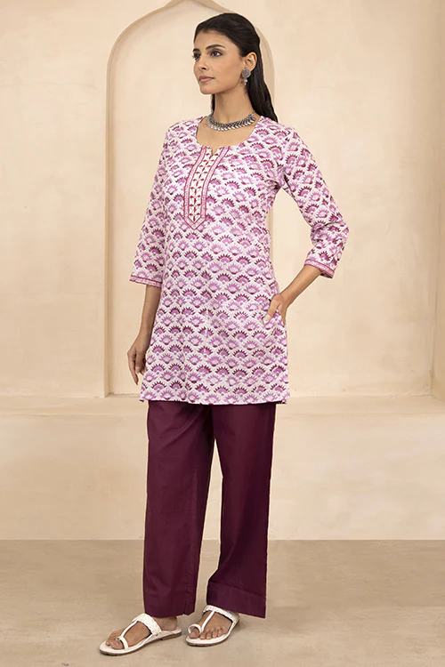 Shuddhi White and Purple Handblock Printed Short Kurti - Image 4