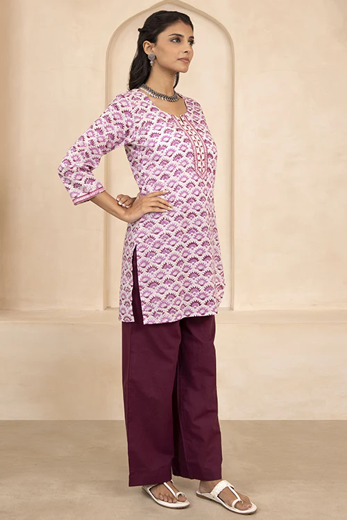 Shuddhi White and Purple Handblock Printed Short Kurti - Image 5