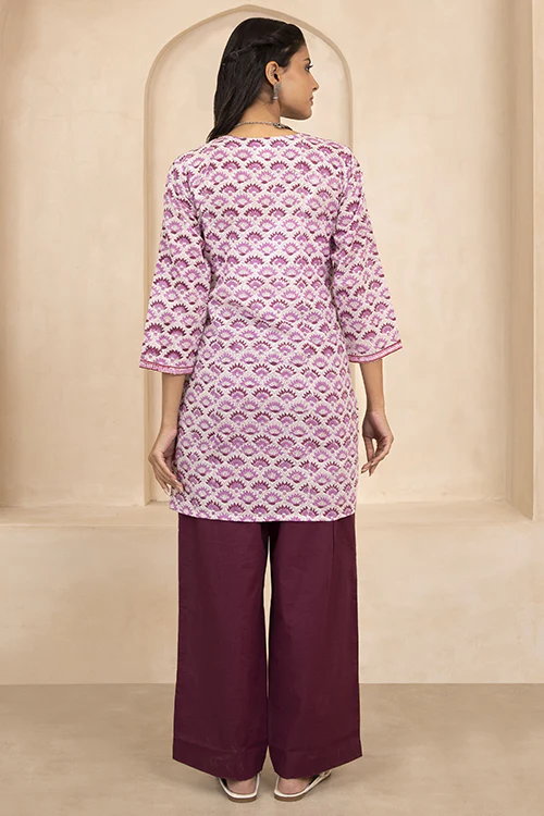 Shuddhi White and Purple Handblock Printed Short Kurti - Image 6