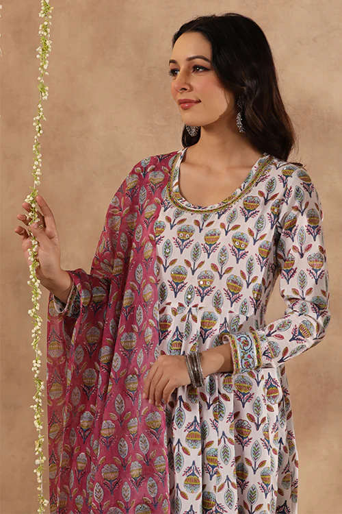 Shuddhi White And Teal Anarkali Kurta With Chanderi Duppata - Image 10