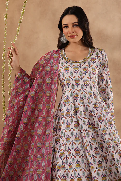 Shuddhi White And Teal Anarkali Kurta With Chanderi Duppata - Image 11