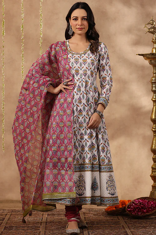 Shuddhi White And Teal Anarkali Kurta With Chanderi Duppata - Image 3