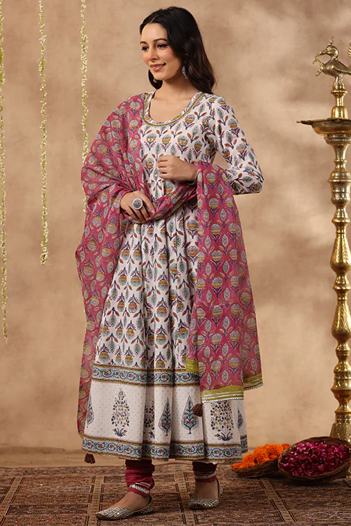 Shuddhi White And Teal Anarkali Kurta With Chanderi Duppata - Image 5