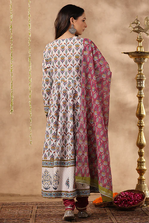 Shuddhi White And Teal Anarkali Kurta With Chanderi Duppata - Image 6
