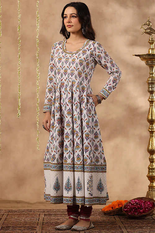 Shuddhi White And Teal Anarkali Kurta With Chanderi Duppata - Image 8