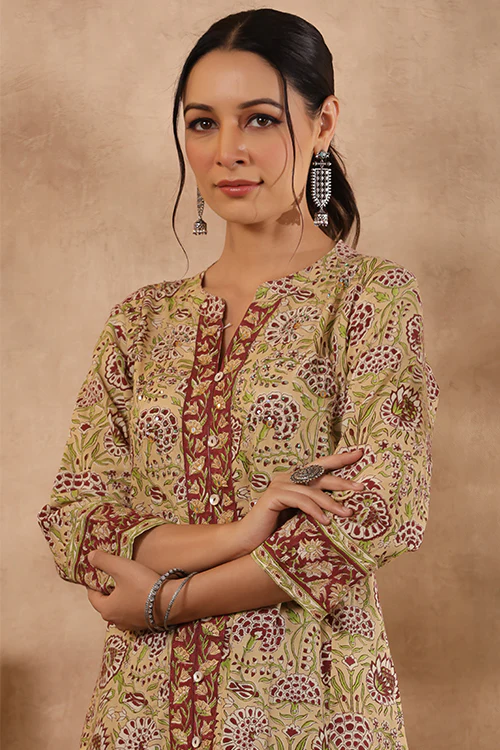 Shuddhi Yellow And Green A Line Kurta - Image 2