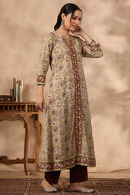 Shuddhi Yellow And Green A Line Kurta - Image 4