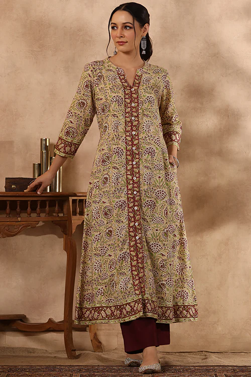 Shuddhi Yellow And Green A Line Kurta - Image 6