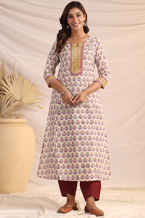 Shuddhi Yellow And Pink Semi Aline Kurta