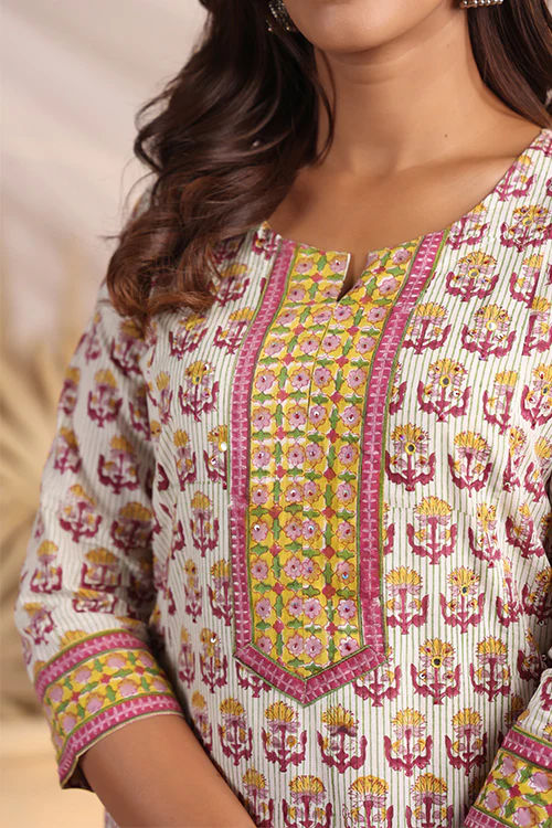 Shuddhi Yellow And Pink Semi Aline Kurta - Image 2