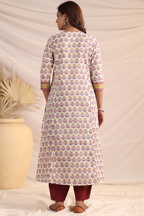 Shuddhi Yellow And Pink Semi Aline Kurta - Image 5