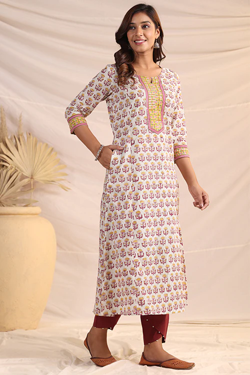 Shuddhi Yellow And Pink Semi Aline Kurta - Image 7