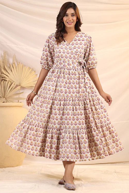 Shuddhi Yellow And Pink Tier Wrap Dress