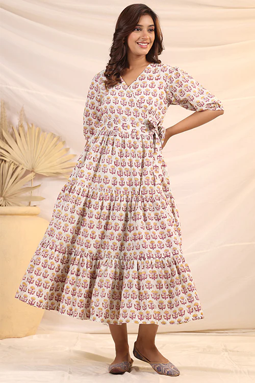 Shuddhi Yellow And Pink Tier Wrap Dress - Image 6
