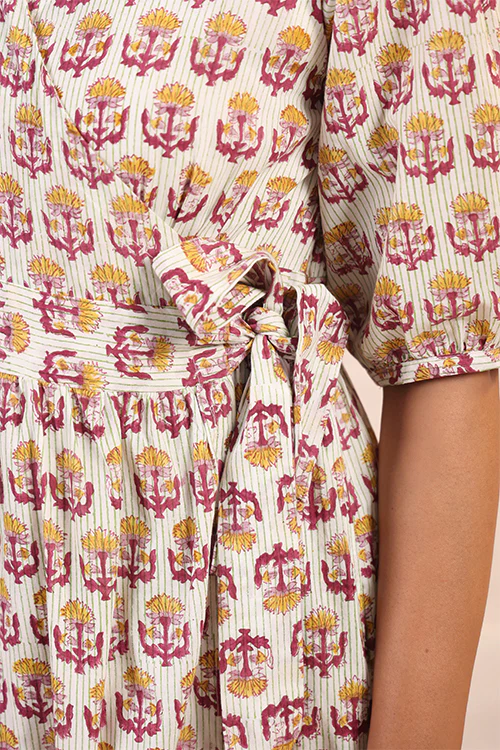 Shuddhi Yellow And Pink Tier Wrap Dress - Image 8