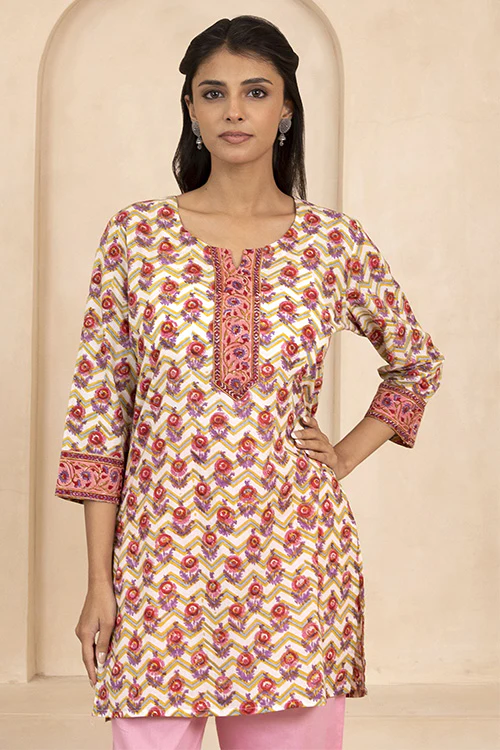 Shuddhi Yellow Handblock Printed Short Kurti