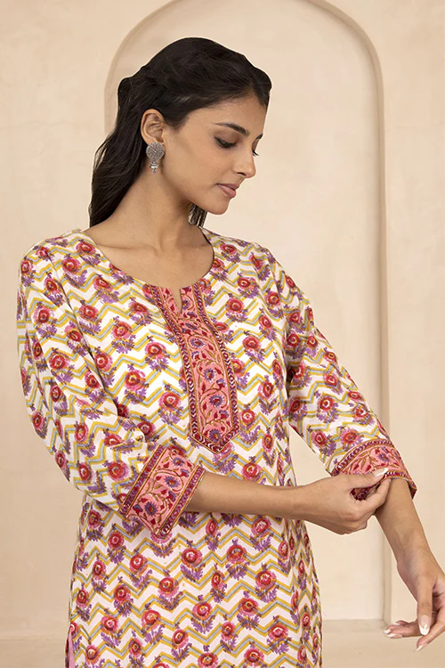 Shuddhi Yellow Handblock Printed Short Kurti - Image 3