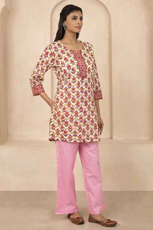 Shuddhi Yellow Handblock Printed Short Kurti - Image 4