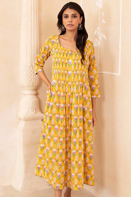 Shuddhi Yellow Pleated Dress - Image 2