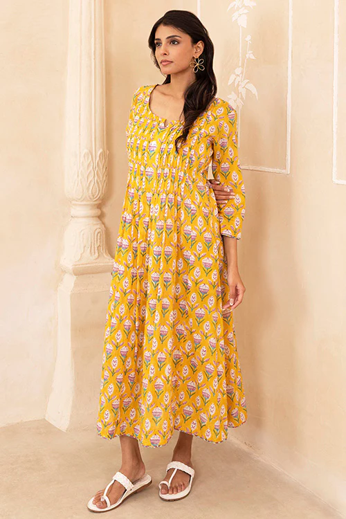 Shuddhi Yellow Pleated Dress - Image 3