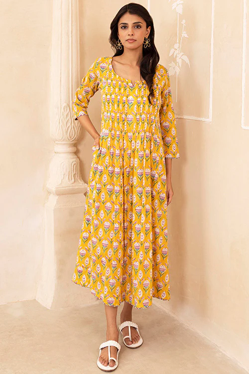 Shuddhi Yellow Pleated Dress - Image 5