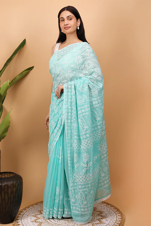 Shwet Cyan Blue Kota Cotton Chikankari Saree - Image 3