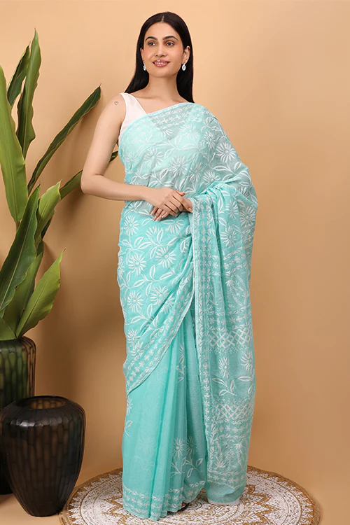 Shwet Cyan Blue Kota Cotton Chikankari Saree - Image 4