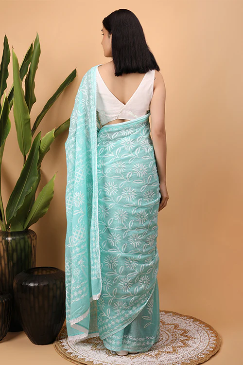 Shwet Cyan Blue Kota Cotton Chikankari Saree - Image 5