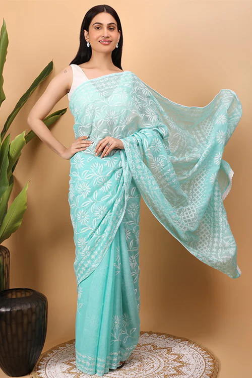 Shwet Cyan Blue Kota Cotton Chikankari Saree - Image 6