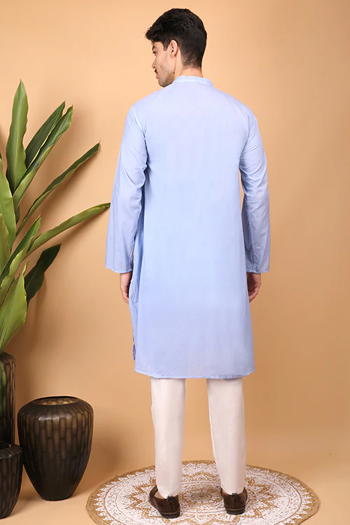 Shwet Men Cotton Light Blue Chikankari Men Kurta - 294 - Image 3