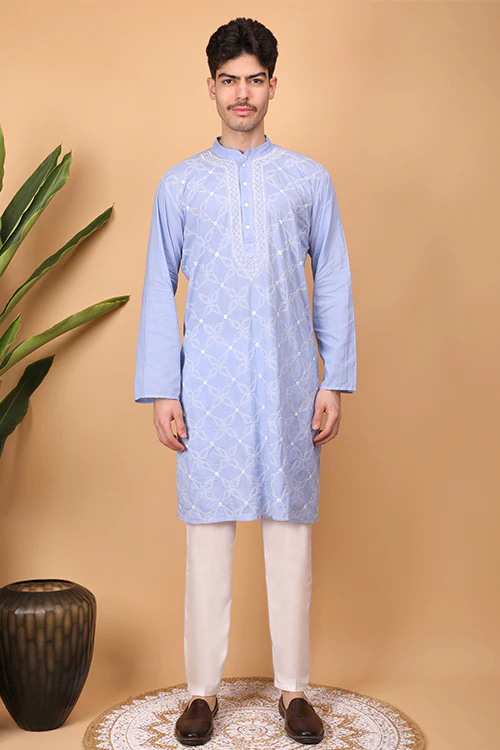 Shwet Men Cotton Light Blue Chikankari Men Kurta - 294 - Image 4