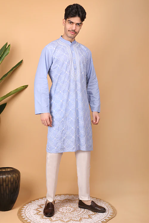 Shwet Men Cotton Light Blue Chikankari Men Kurta - 294 - Image 5