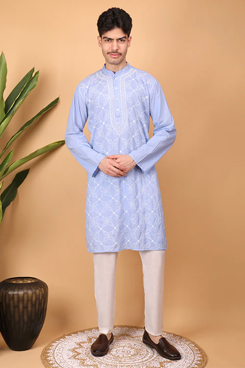 Shwet Men Cotton Light Blue Chikankari Men Kurta - 294 - Image 6