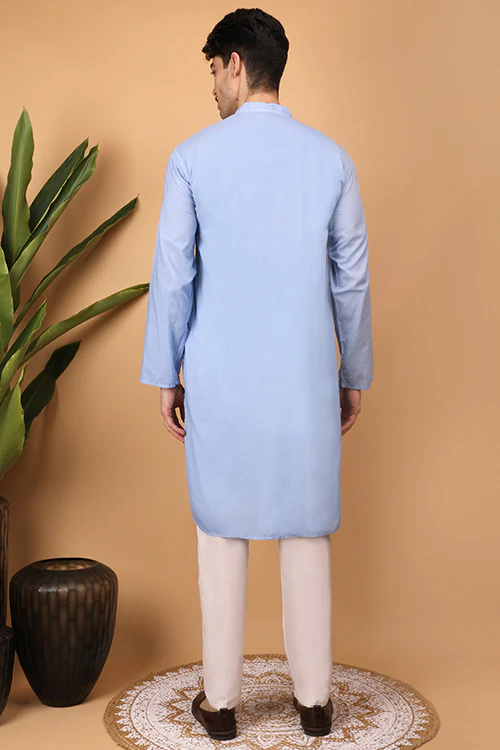 Shwet Men Cotton Light Blue Chikankari Men Kurta - 298 - Image 3
