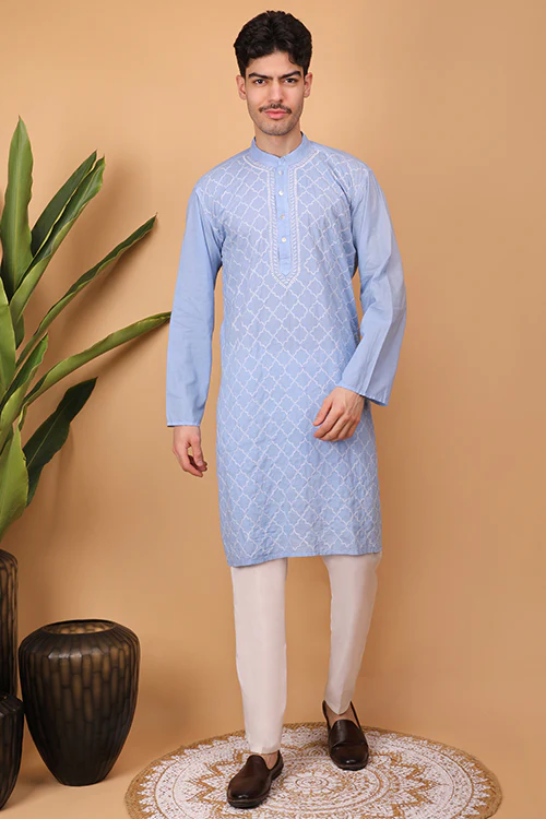 Shwet Men Cotton Light Blue Chikankari Men Kurta - 298 - Image 4