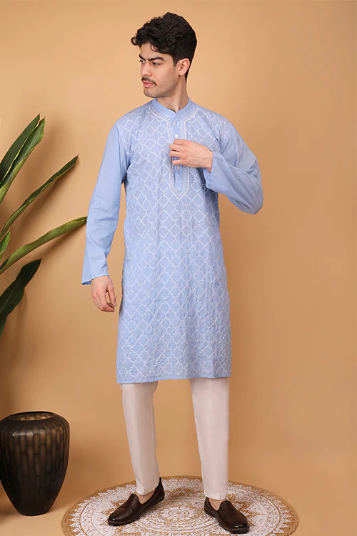 Shwet Men Cotton Light Blue Chikankari Men Kurta - 298 - Image 5