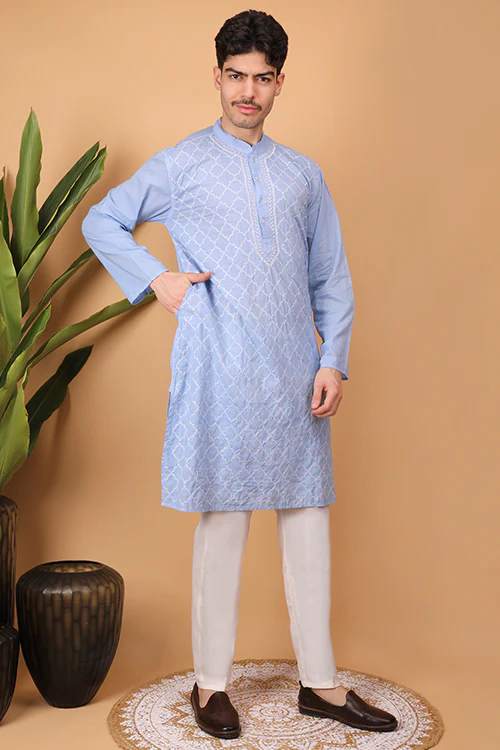 Shwet Men Cotton Light Blue Chikankari Men Kurta - 298 - Image 6
