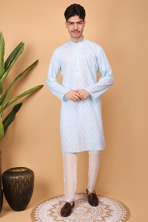 Shwet Men Cotton Sky Blue Chikankari Men Kurta - 296 - Image 3
