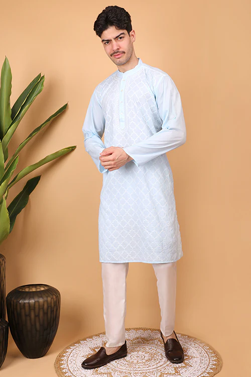 Shwet Men Cotton Sky Blue Chikankari Men Kurta - 296 - Image 4