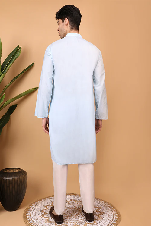 Shwet Men Cotton Sky Blue Chikankari Men Kurta - 296 - Image 5