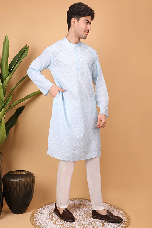 Shwet Men Cotton Sky Blue Chikankari Men Kurta - 296 - Image 6