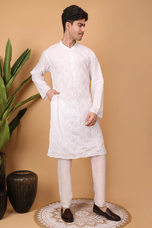 Shwet Men Cotton White Chikankari Men Kurta - 297 - Image 3